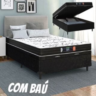 [CASASBAHIA] Cama Box Casal Baú Colchão de Espuma Semi Ortopédico Extra Firme Resistente Cinza 138x188x52cm Suporta 80kg Por Pessoa