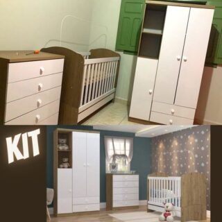 [CASASBAHIA] Quarto de Bebê com Guarda Roupa 3 Portas Cômoda e Berço Faz de Conta Espresso Móveis Branco/Rústico