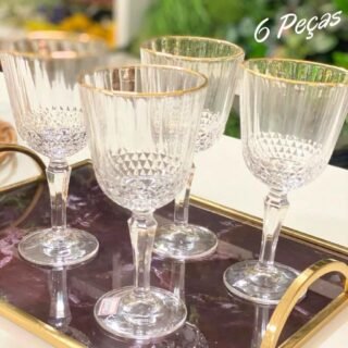 [MAGAZINE] Jogo de Taças para Vinho de Vidro 350ml – 6 Peças Casambiente Classic Borda Dourada