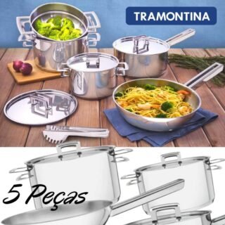 [CASASBAHIA] Jogo de Panelas Tramontina Brava Aço Inox 5 Peças Fundo Triplo + Pegador de Massa
