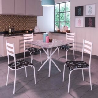 [CASAS BAHIA] Conjunto de Mesa Itália 0,70m Tampo Granito com 4 Cadeiras 591/13 Madmelos Branco / Preto Flor