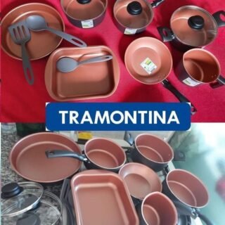[CASASBAHIA] Conjunto de Panelas 10 Peças Tramontina Turim com Revestimento Antiaderente Starflon T1, Tampas de Vidro e Cabos de Baquelite – Bronze/Grafite