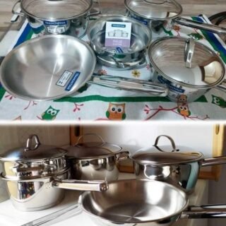 [CASASBAHIA] Jogo de Panelas Tramontina Aço Inox Allegra 5 Peças Fundo Triplo + Pegador de Massa