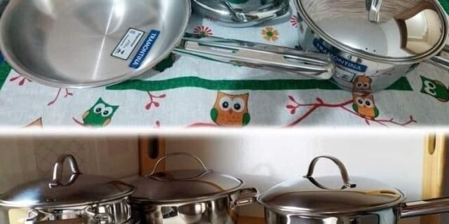 [CASASBAHIA] Jogo de Panelas Tramontina Aço Inox Allegra 5 Peças Fundo Triplo + Pegador de Massa