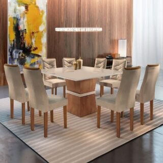 [PONTO] Conjunto Sala de Jantar Mesa Tampo Slim Vidro Plus 8 Cadeiras Germany Yescasa Chocolate/Off White