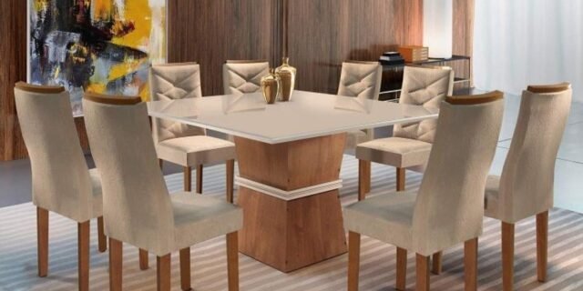 [PONTO] Conjunto Sala de Jantar Mesa Tampo Slim Vidro Plus 8 Cadeiras Germany Yescasa Chocolate/Off White