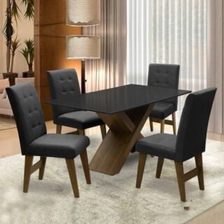 [CASASBAHIA] Conjunto De Mesa Para Sala de Jantar Preto Dubai 1,35m MDF com 4 Cadeiras Castanho / Preto