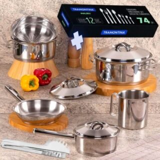 [PONTO] Kit Jogo de Panelas Tramontina Aço Inox Solar 6 peças com pegador de massa + Faqueiro Inox Tramontina Malibu 74 pçs