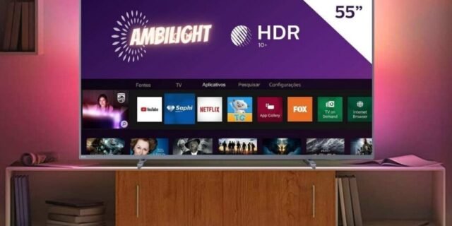 [AMERICANAS] Smart TV LED 55” Philips 55PUG6794 4K Ultra HD AMBILIGHT 3 lados HDR10+ Dolby Vision Dolby Atmos Bluetooth Wifi 3 HDMI 2 USB – Prata