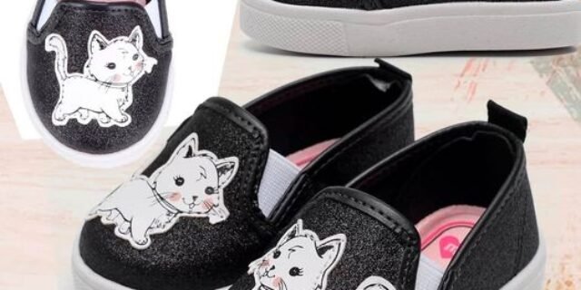 [ZATTINI] Slip On Bebê Molekinha Gatinha Glitter Feminino – Preto