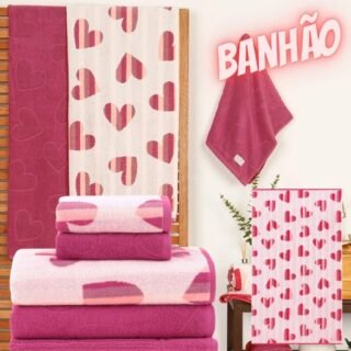 [SHOPTIME] Jogo De Toalha Banhão Fio Tinto Coração Rosa 5 Peças – Casa & Conforto By Buddemeyer – Coleção Amor Infinito