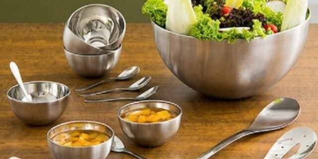 [SHOPTIME] Saladeira Inox c/ 2 Talheres + Cj. Sobremesa c/ 12 pçs – La Cuisine