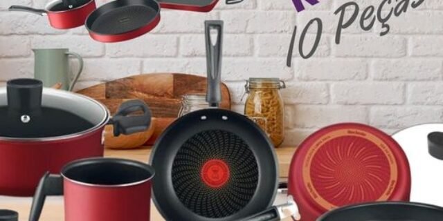 [SHOPTIME] Jogo de Panelas Rochedo Limpa Fácil Antiaderente Vermelho 10 Peças