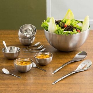 [SHOPTIME] Saladeira Inox c/ 2 Talheres + Cj. Sobremesa c/ 12 pçs – La Cuisine
