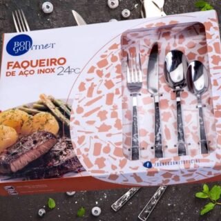 [SHOPTIME] Faqueiro Inox 24 Peças com Cabo de Plástico Marble Preto – Bon Gourmet