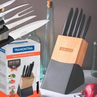 [SHOPTIME] Jogo de Facas 6 Peças com Cepo Tramontina Inox Plenus – Preto