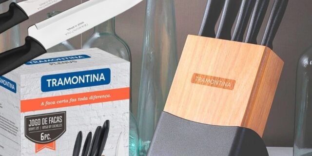 [SHOPTIME] Jogo de Facas 6 Peças com Cepo Tramontina Inox Plenus – Preto