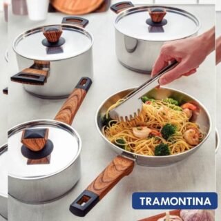 [SHOPTIME] Jogo de Panelas Tramontina Brava Aço Inox Acabamento Efeito Amadeirado 4 Peças + Pegador de Massa