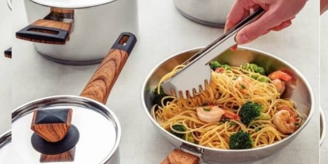 [SHOPTIME] Jogo de Panelas Tramontina Brava Aço Inox Acabamento Efeito Amadeirado 4 Peças + Pegador de Massa