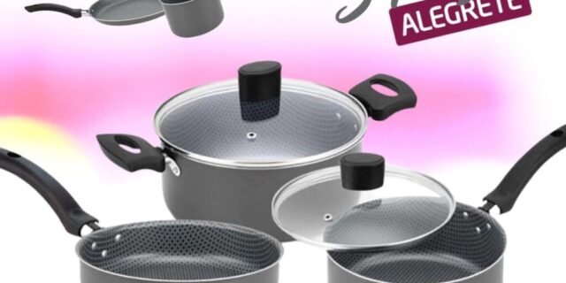 [PONTO] Conjunto de Panelas 5 Peças Alegrete Basic em Alumínio com Revestimento Antiaderente e Tampa de Vidro com Saída de Vapor – Cinza