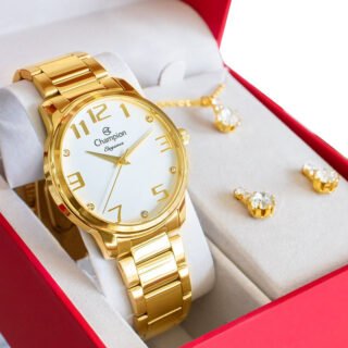 [AMERICANAS] 🎁 😍<br>Relógio Champion Feminino Dourado Analógico Prova D’agua CN26028W + Kit Colar e Brincos