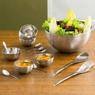 [SHOPTIME] Saladeira Inox c/ 2 Talheres + Cj. Sobremesa c/ 12 pçs – La Cuisine