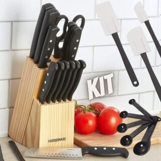 [AMAZON] Conjunto de 22 peças de facas e utensílios de cozinha Farberware de aço inoxidável de alto carbono, preto