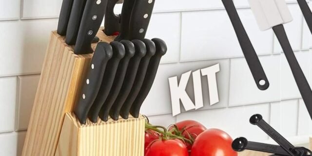 [AMAZON] Conjunto de 22 peças de facas e utensílios de cozinha Farberware de aço inoxidável de alto carbono, preto