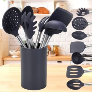 [SHOPTIME] Conjunto de Utensílios de Silicone Cinza 7 Peças com Suporte Cabo em Inox – Casual Home