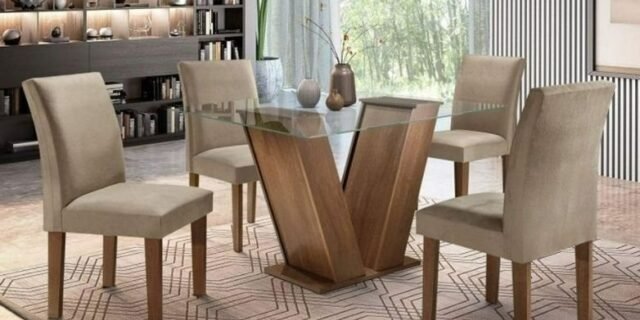 [CASAS BAHIA] Conjunto Sala de Jantar Mesa Tampo de Vidro e 4 Cadeiras Classic Cel Móveis Chocolate/Pena 84