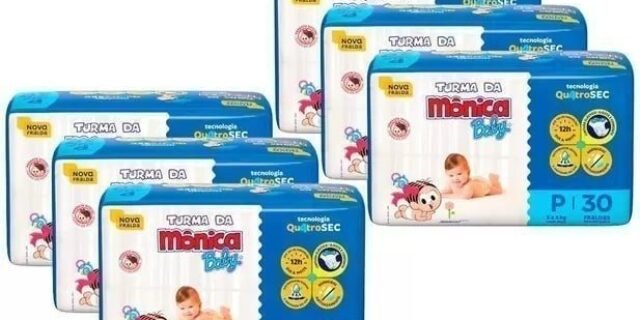 Kit Fralda Turma da Mônica Baby (RN – 216 unidades, P – 180 Unidades, M – 168 Unidades, G – 144 Unidades)