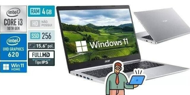 Notebook Acer Core i3-10110U 4GB 256GB SSD Tela Full HD 15.6” Windows 11 Aspire 5 A515-54-33EN