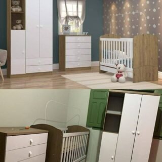Quarto de Bebê com Guarda Roupa 3 Portas Cômoda e Berço Faz de Conta Espresso Móveis