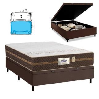 Cama Box Baú Casal Colchão Molas Flora Marrom / Branco 138x188x60cm