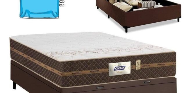 Cama Box Baú Casal Colchão Molas Flora Marrom / Branco 138x188x60cm