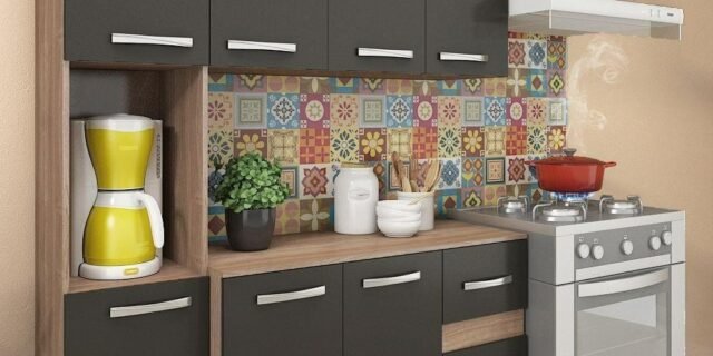 Cozinha Compacta 7 Portas 2 Gavetas Suspensa Armário E Balcão Anita Teka/grafite – Pnr Móveis