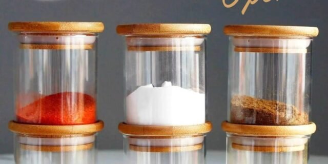 Kit 6 potes de vidro empilhável hermético tampa bambu 200ML
