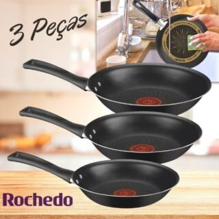 Conjunto de Frigideiras Antiaderente Rochedo – de Alumínio Limpa Fácil Preto 3 Peças