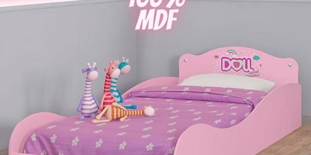 Cama Infantil Móveis Estrela Doll com Grade de Proteção – Rosa Acetinado