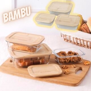 Conjunto de Potes Retangulares Refratários com Tampa de Bambu 3 peças – La Cuisine