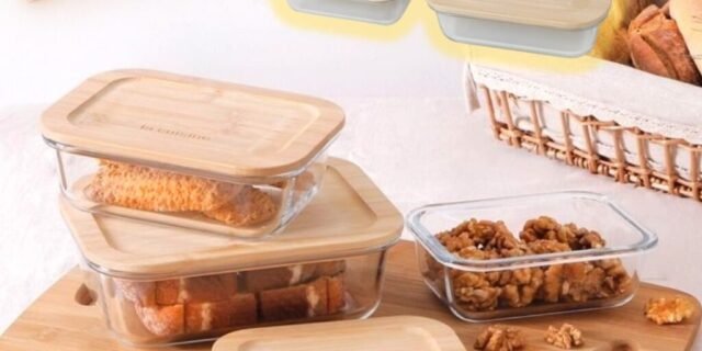 Conjunto de Potes Retangulares Refratários com Tampa de Bambu 3 peças – La Cuisine