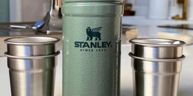 Conjunto de copos de shot de aventura Stanley, 4 copos de aço inoxidável com estojo de transporte de metal resistente, presentes de acampamento