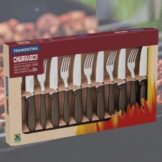 kit de Talheres para churrasco Jumbo Tramontina 12 peças Conjunto de Churrasco natural cabo preto jogo de talheres, Plenus