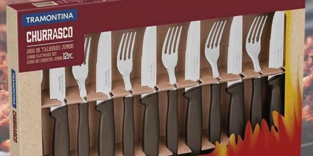 kit de Talheres para churrasco Jumbo Tramontina 12 peças Conjunto de Churrasco natural cabo preto jogo de talheres, Plenus