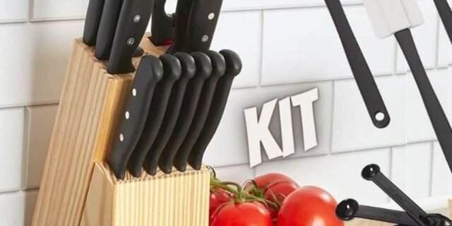 Conjunto de 22 peças de facas e utensílios de cozinha Farberware de aço inoxidável de alto carbono, preto