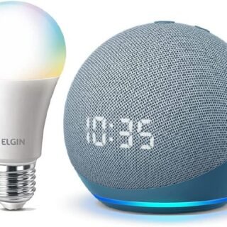 Echo Dot (4ª geração): Smart Speaker com Relógio e Alexa – Cor Azul + Lâmpada Inteligente Elgin