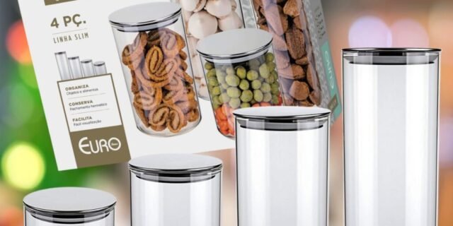 Conjunto com 4 Potes de Vidro transparente Slim com tampa Inox, VDR6866-4, Euro Home