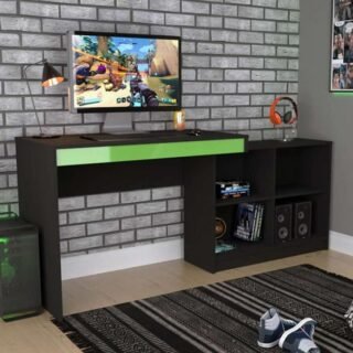 Mesa Escrivaninha Gamer com 4 Nichos B24 – Preto/Verde
