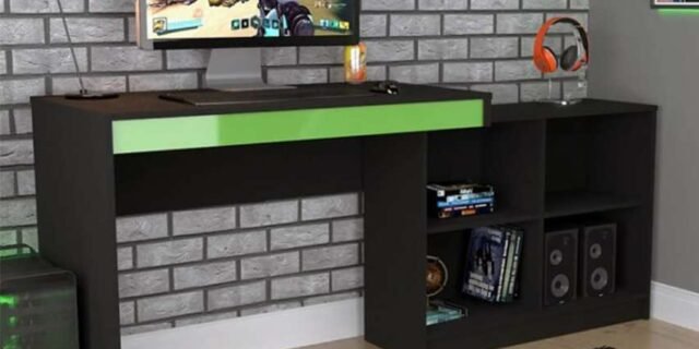 Mesa Escrivaninha Gamer com 4 Nichos B24 – Preto/Verde