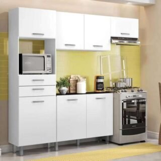 Kit Cozinha Poliman Móveis Lia D15200 com Balcão – Nicho para Micro-ondas com Tampo 2 Gavetas